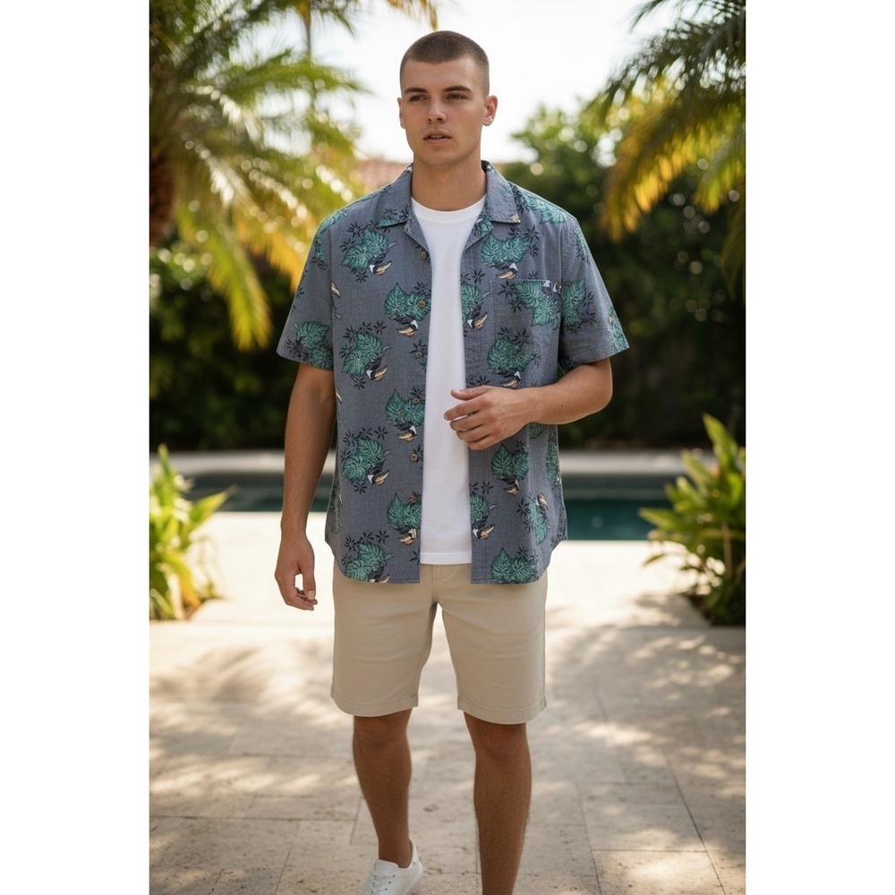 Urban Pipeline Men XXL Toucan Tropical Print Short Sleeve Button Down Shirt Grey